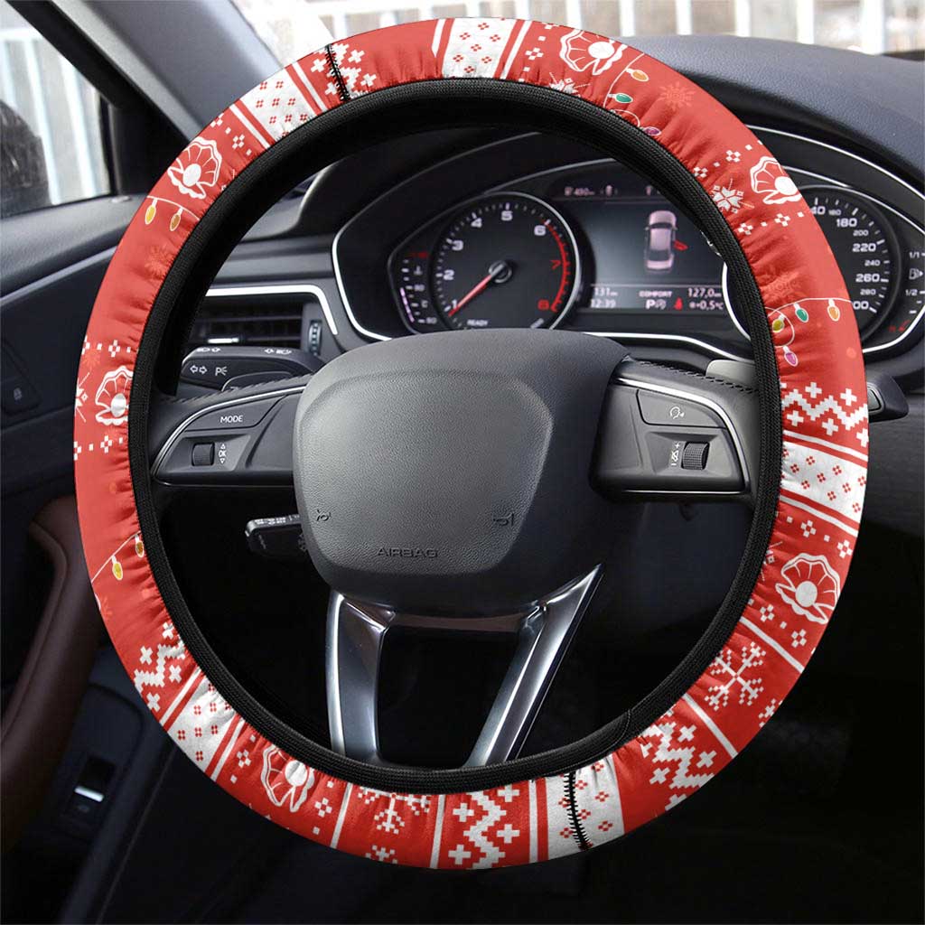 Bahrain Christmas Steering Wheel Cover with Pearl Shell Design Red Snowflake Pattern and Holiday Lights - Wonder Print Shop