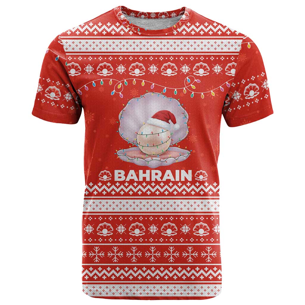 Bahrain Christmas T Shirt with Pearl Shell Design Red Snowflake Pattern and Holiday Lights - Wonder Print Shop