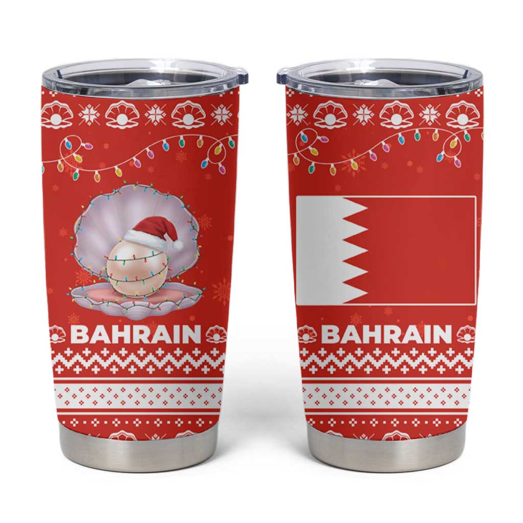 Bahrain Christmas Tumbler Cup with Pearl Shell Design Red Snowflake Pattern and Holiday Lights - Wonder Print Shop