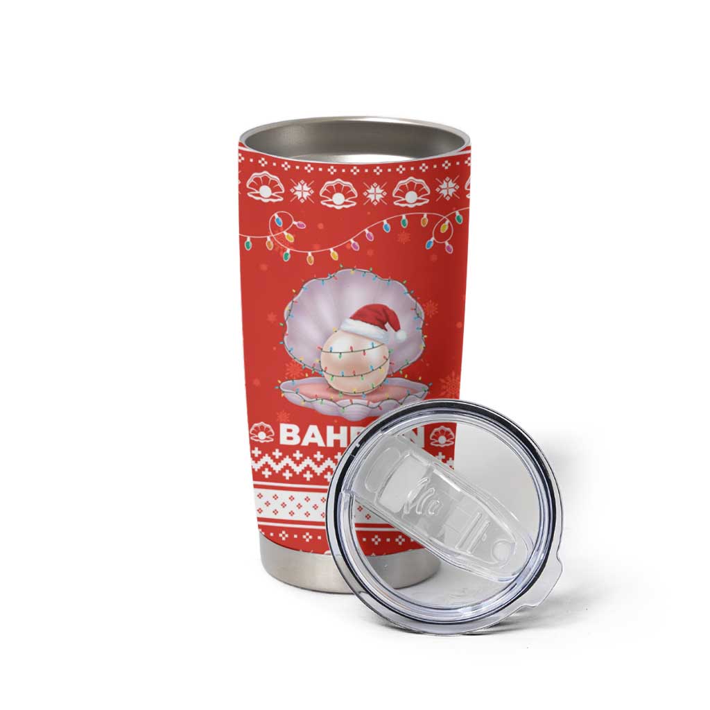 Bahrain Christmas Tumbler Cup with Pearl Shell Design Red Snowflake Pattern and Holiday Lights - Wonder Print Shop