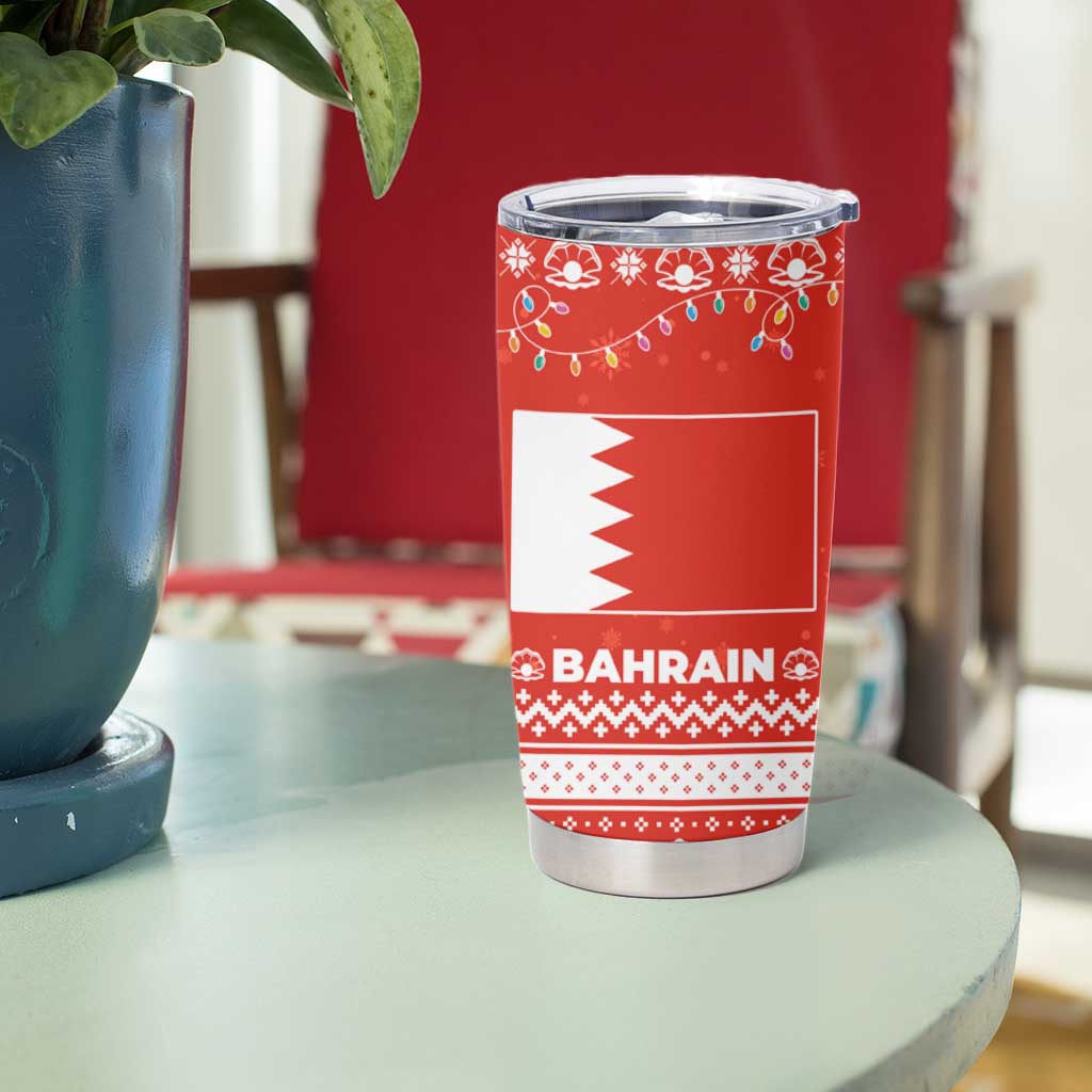 Bahrain Christmas Tumbler Cup with Pearl Shell Design Red Snowflake Pattern and Holiday Lights - Wonder Print Shop