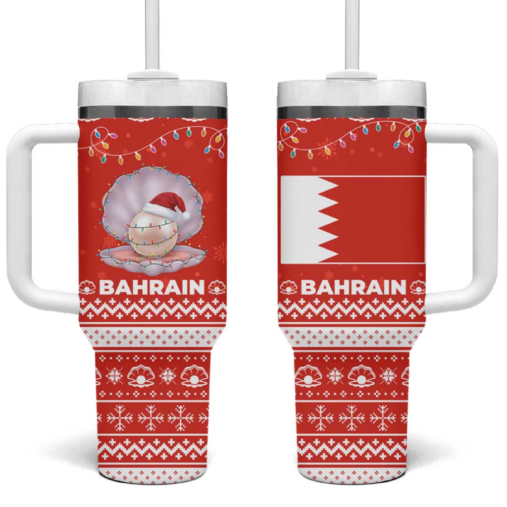 Bahrain Christmas Tumbler With Handle with Pearl Shell Design Red Snowflake Pattern and Holiday Lights - Wonder Print Shop