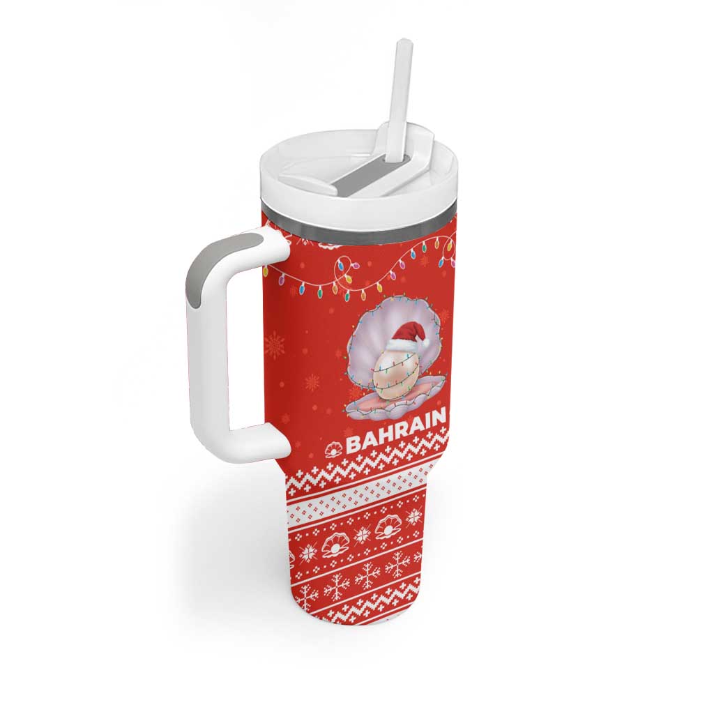 Bahrain Christmas Tumbler With Handle with Pearl Shell Design Red Snowflake Pattern and Holiday Lights - Wonder Print Shop