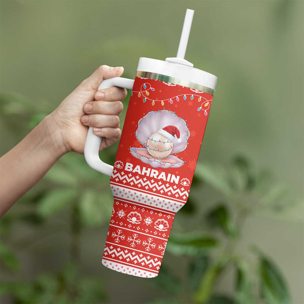 Bahrain Christmas Tumbler With Handle with Pearl Shell Design Red Snowflake Pattern and Holiday Lights - Wonder Print Shop