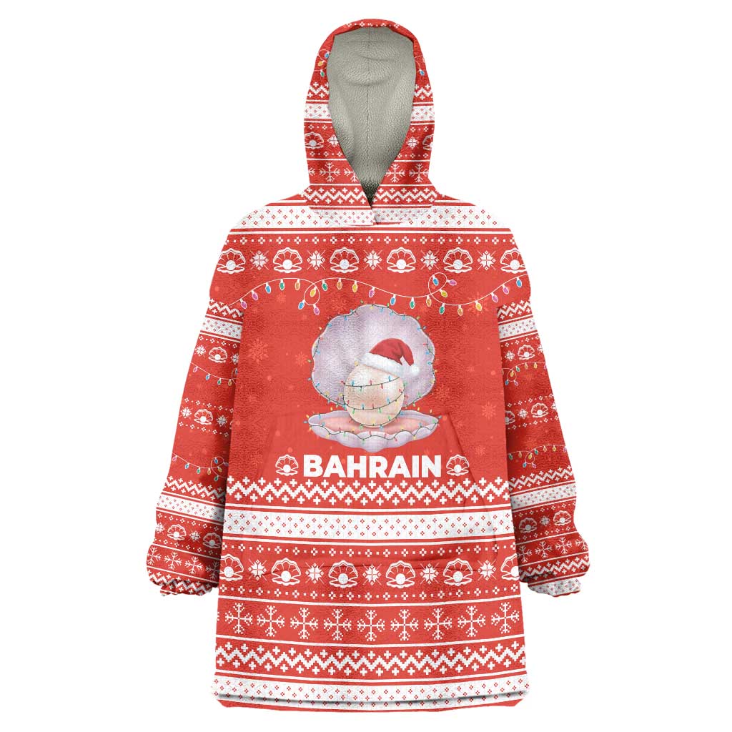 Bahrain Christmas Wearable Blanket Hoodie with Pearl Shell Design Red Snowflake Pattern and Holiday Lights - Wonder Print Shop