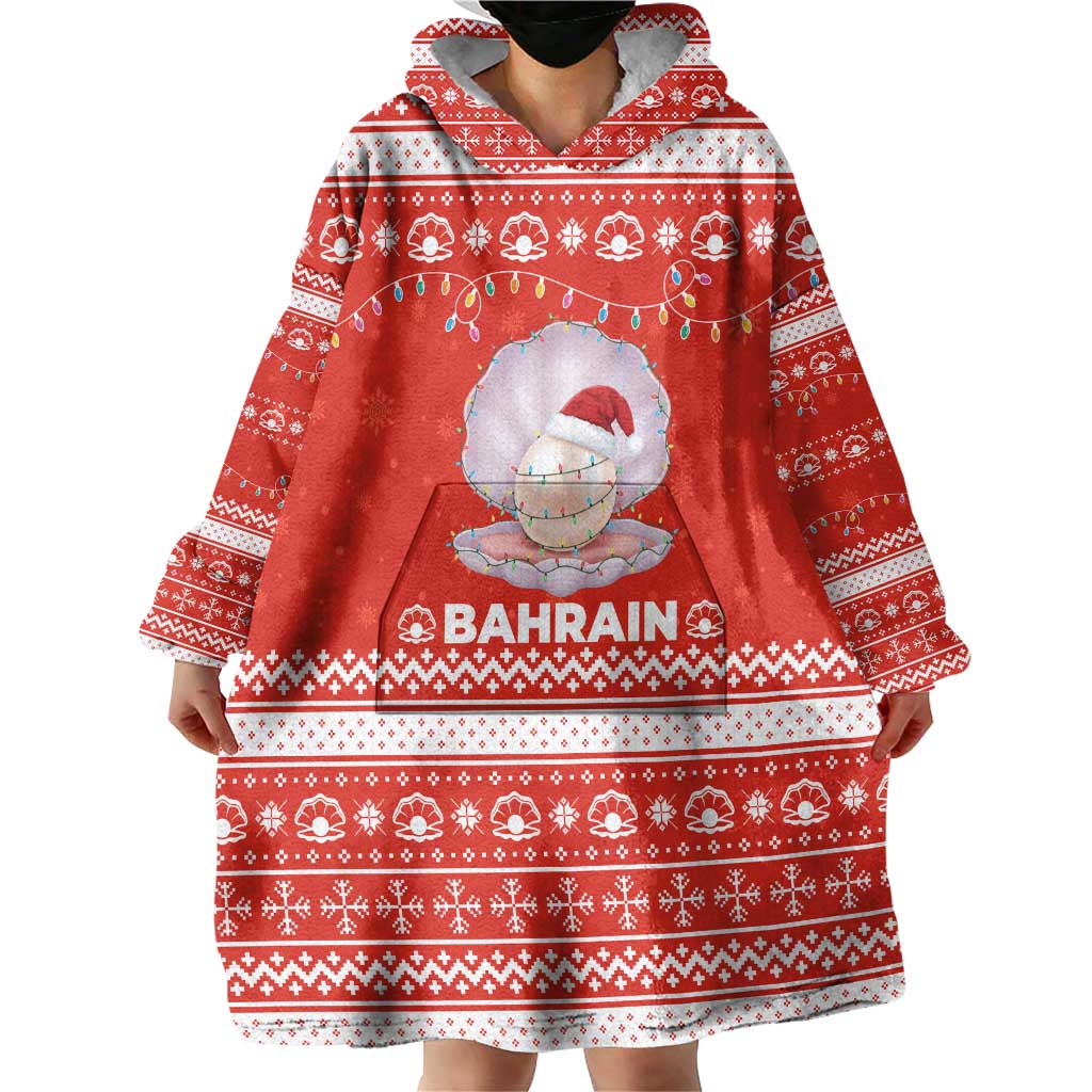 Bahrain Christmas Wearable Blanket Hoodie with Pearl Shell Design Red Snowflake Pattern and Holiday Lights - Wonder Print Shop
