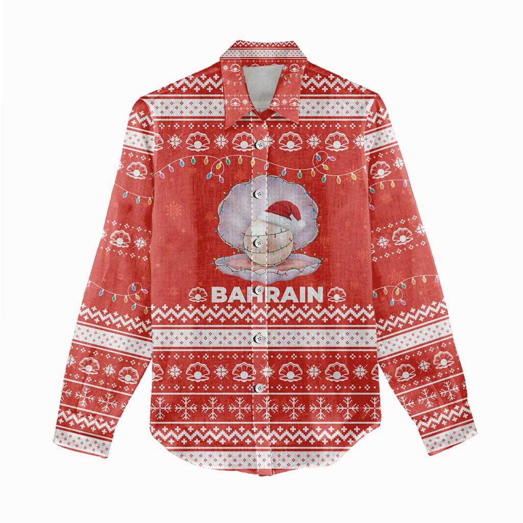 Bahrain Christmas Women Casual Shirt with Pearl Shell Design Red Snowflake Pattern and Holiday Lights - Wonder Print Shop