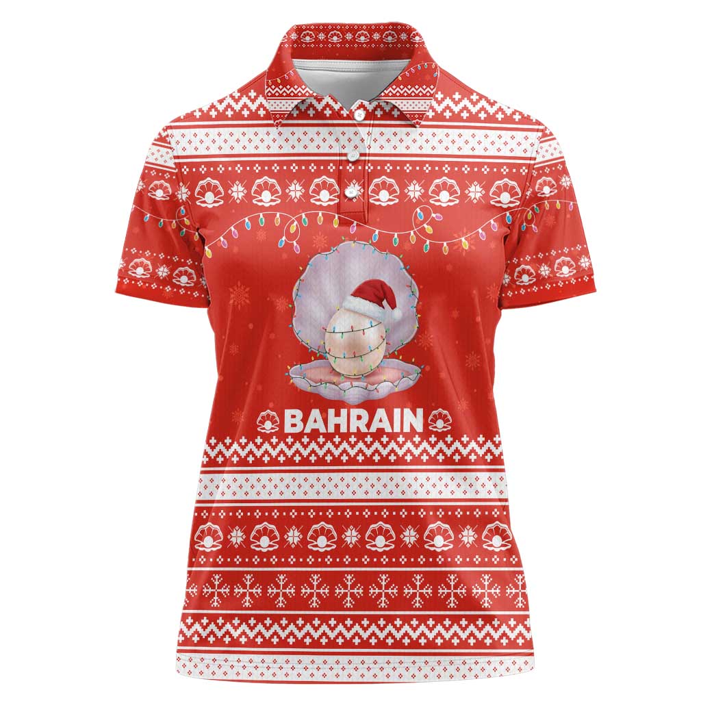 Bahrain Christmas Women Polo Shirt with Pearl Shell Design Red Snowflake Pattern and Holiday Lights - Wonder Print Shop