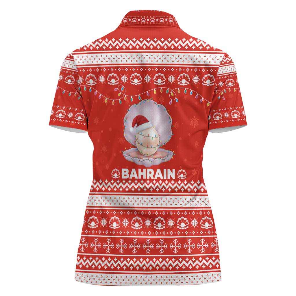 Bahrain Christmas Women Polo Shirt with Pearl Shell Design Red Snowflake Pattern and Holiday Lights - Wonder Print Shop