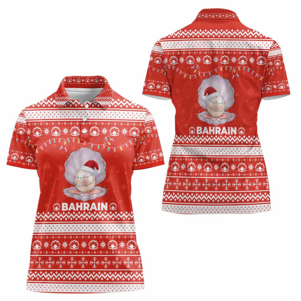 Bahrain Christmas Women Polo Shirt with Pearl Shell Design Red Snowflake Pattern and Holiday Lights - Wonder Print Shop