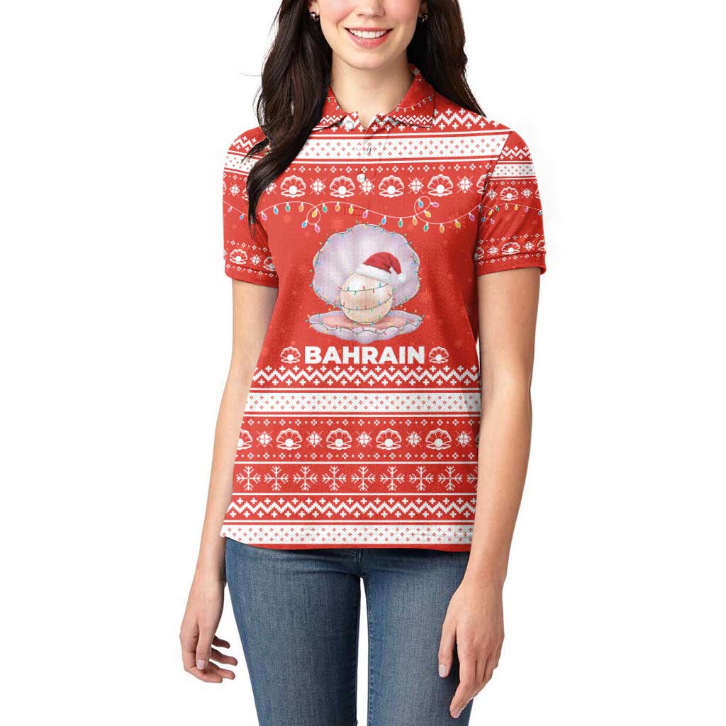 Bahrain Christmas Women Polo Shirt with Pearl Shell Design Red Snowflake Pattern and Holiday Lights - Wonder Print Shop