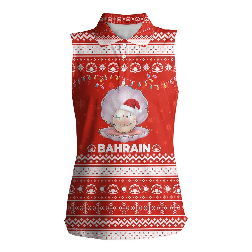 Bahrain Christmas Women Sleeveless Polo Shirt with Pearl Shell Design Red Snowflake Pattern and Holiday Lights - Wonder Print Shop