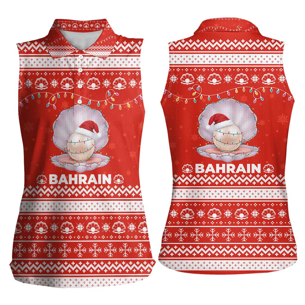 Bahrain Christmas Women Sleeveless Polo Shirt with Pearl Shell Design Red Snowflake Pattern and Holiday Lights - Wonder Print Shop