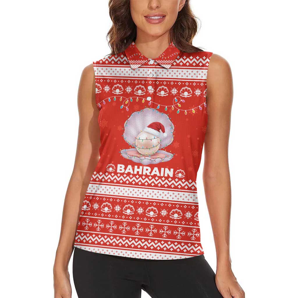 Bahrain Christmas Women Sleeveless Polo Shirt with Pearl Shell Design Red Snowflake Pattern and Holiday Lights - Wonder Print Shop