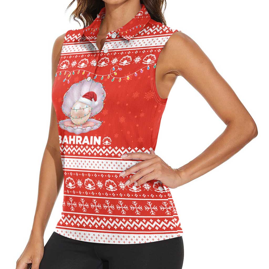 Bahrain Christmas Women Sleeveless Polo Shirt with Pearl Shell Design Red Snowflake Pattern and Holiday Lights - Wonder Print Shop