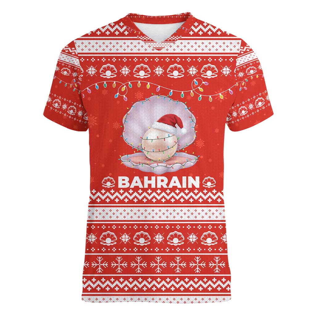 Bahrain Christmas Women V-Neck T-Shirt with Pearl Shell Design Red Snowflake Pattern and Holiday Lights - Wonder Print Shop