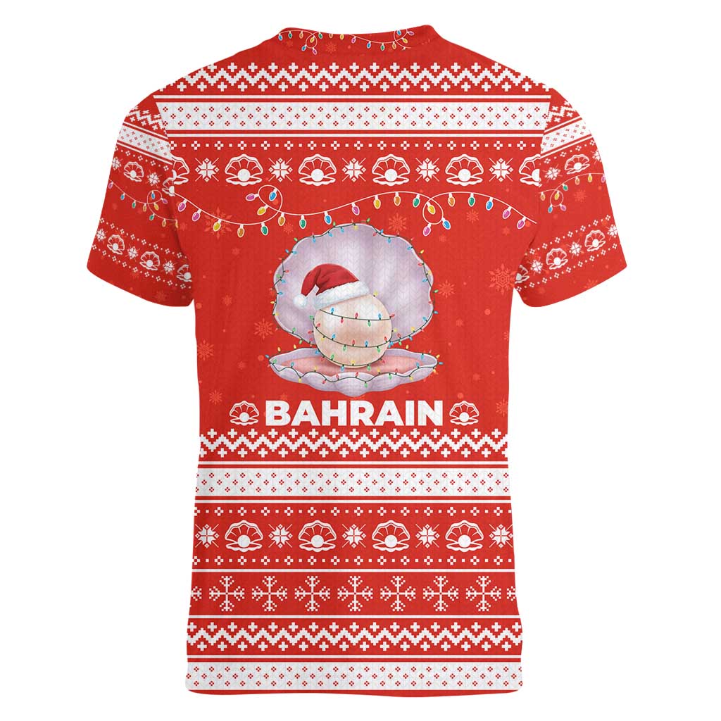 Bahrain Christmas Women V-Neck T-Shirt with Pearl Shell Design Red Snowflake Pattern and Holiday Lights - Wonder Print Shop