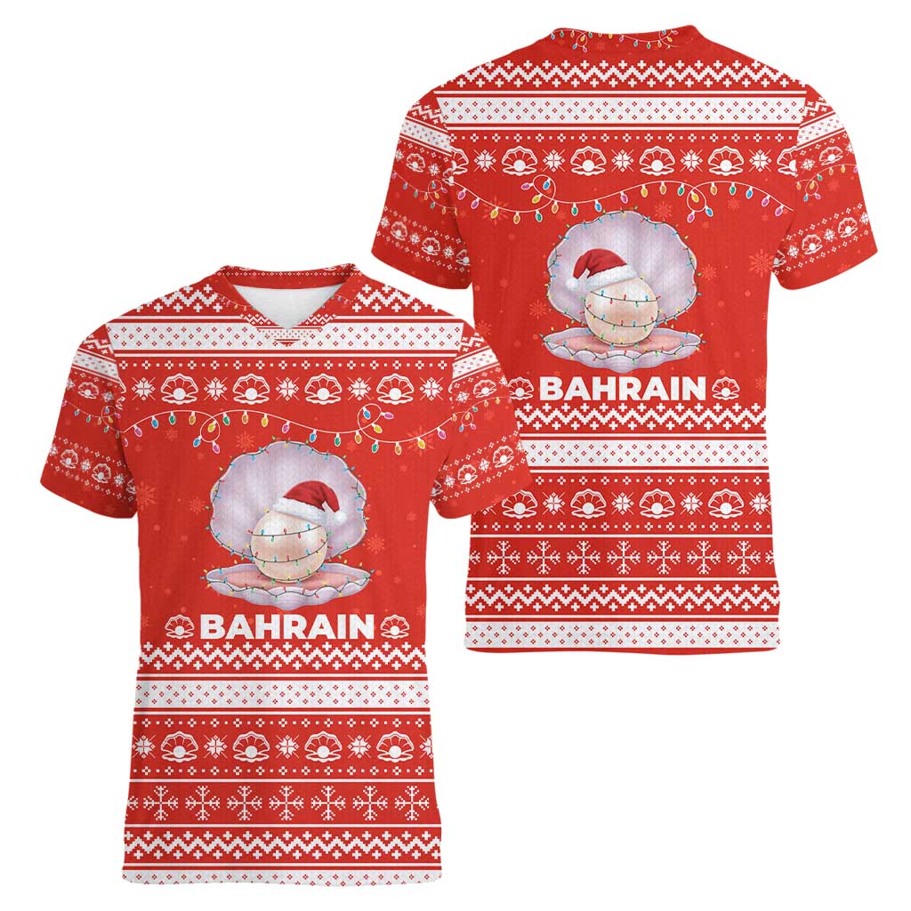 Bahrain Christmas Women V-Neck T-Shirt with Pearl Shell Design Red Snowflake Pattern and Holiday Lights - Wonder Print Shop