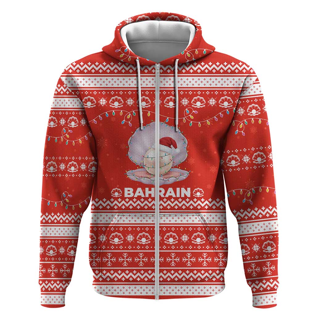 Bahrain Christmas Zip Hoodie with Pearl Shell Design Red Snowflake Pattern and Holiday Lights - Wonder Print Shop