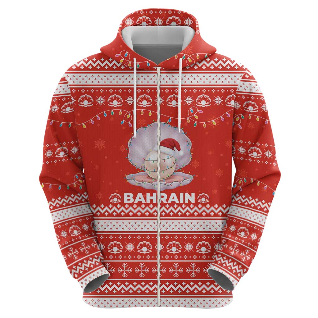 Bahrain Christmas Zip Hoodie with Pearl Shell Design Red Snowflake Pattern and Holiday Lights - Wonder Print Shop