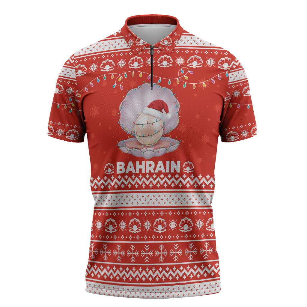 Bahrain Christmas Zipper Polo Shirt with Pearl Shell Design Red Snowflake Pattern and Holiday Lights - Wonder Print Shop