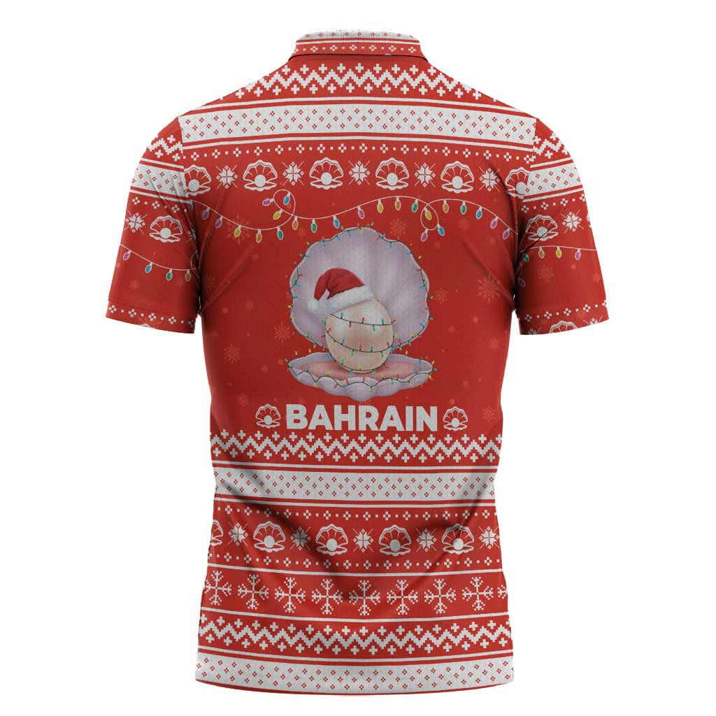 Bahrain Christmas Zipper Polo Shirt with Pearl Shell Design Red Snowflake Pattern and Holiday Lights - Wonder Print Shop