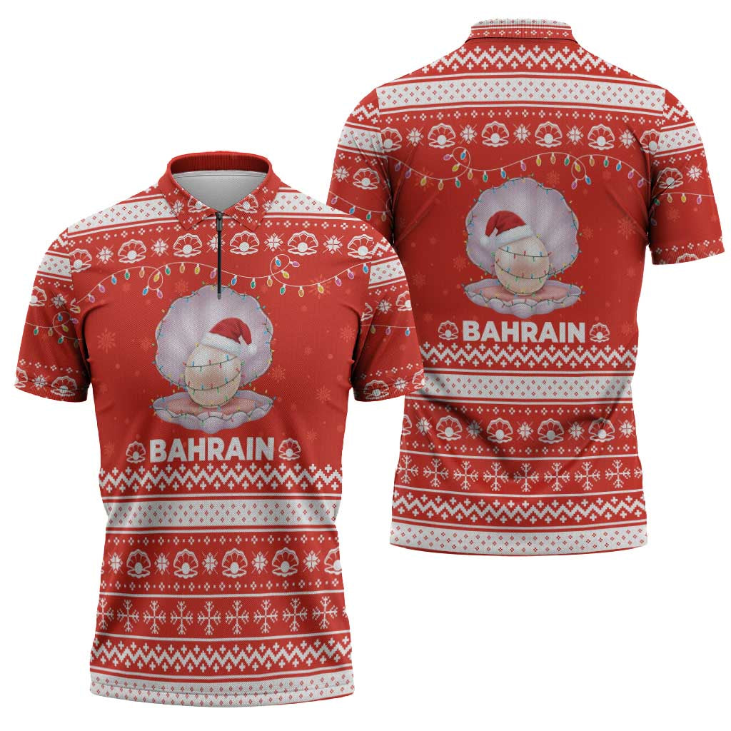 Bahrain Christmas Zipper Polo Shirt with Pearl Shell Design Red Snowflake Pattern and Holiday Lights - Wonder Print Shop