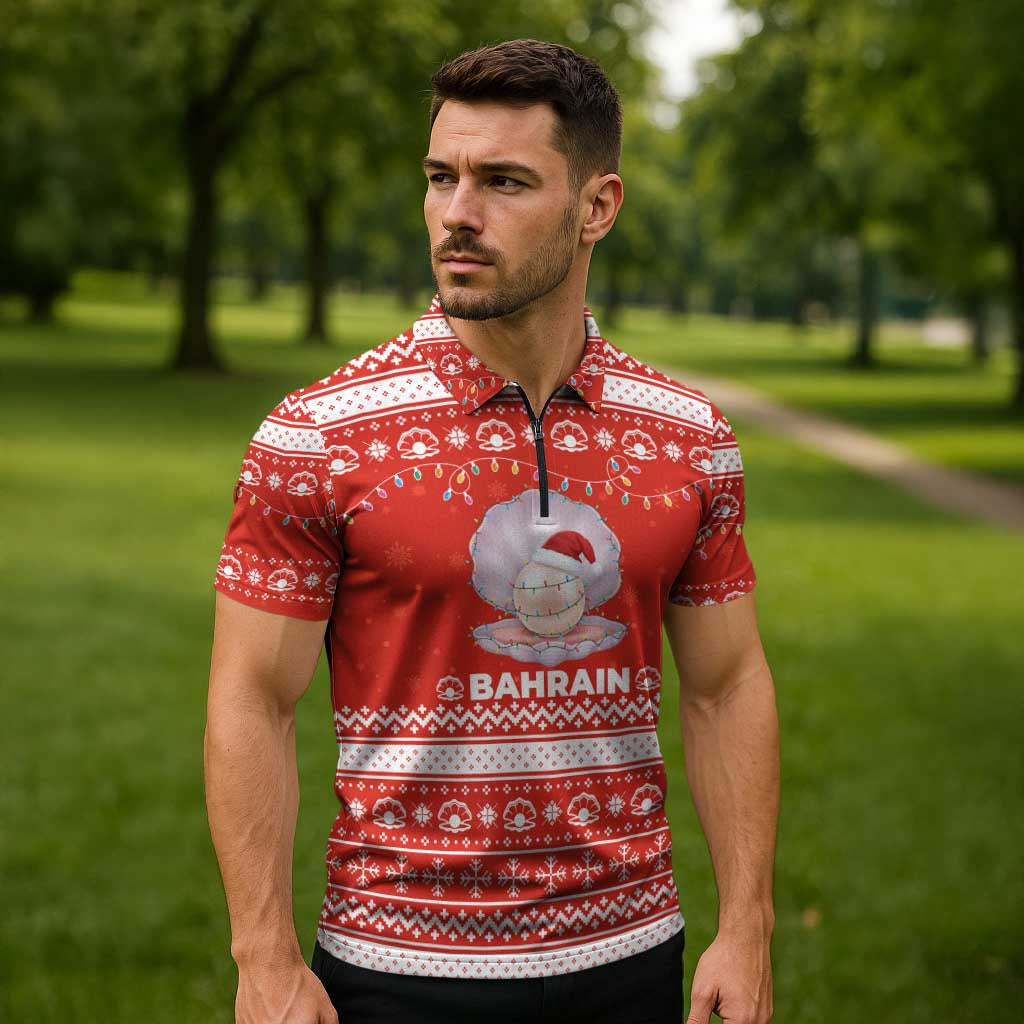 Bahrain Christmas Zipper Polo Shirt with Pearl Shell Design Red Snowflake Pattern and Holiday Lights - Wonder Print Shop