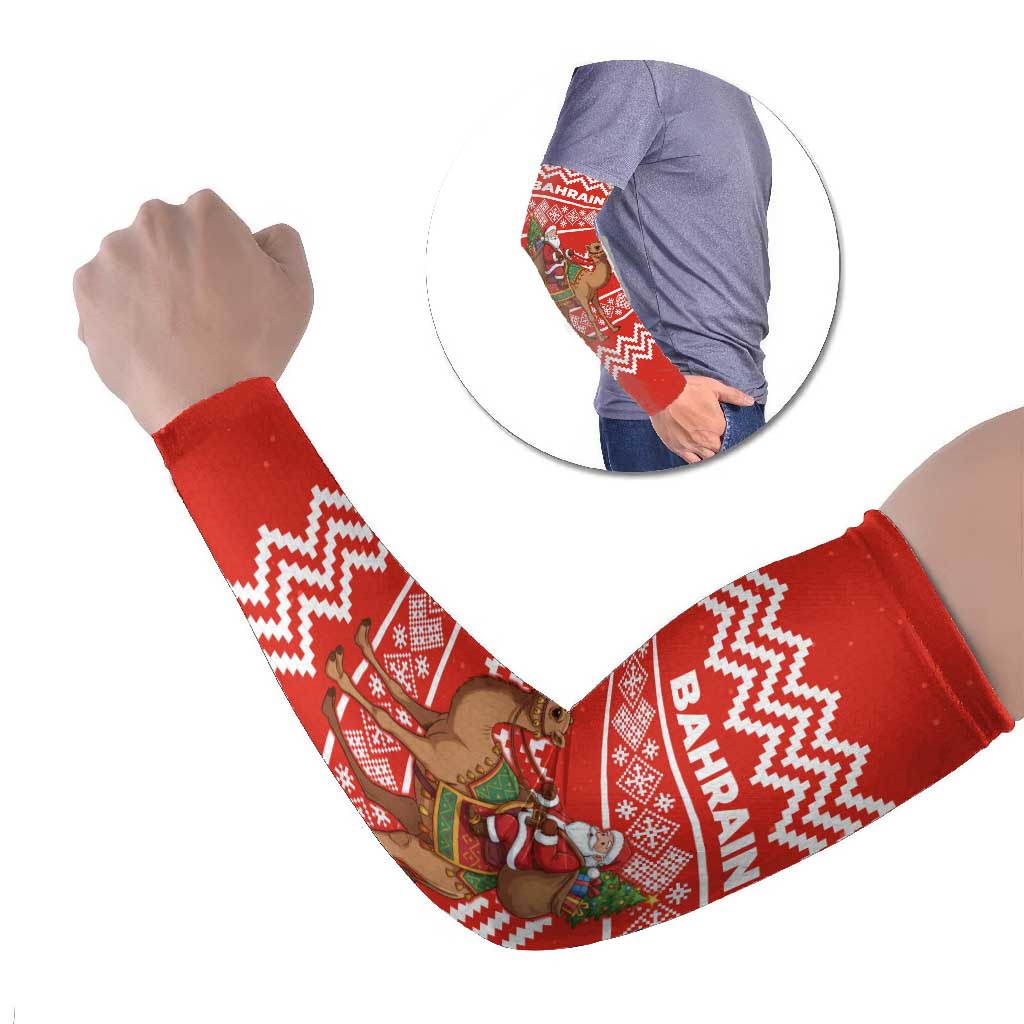 Bahrain Christmas Arm Sleeves with Santa Riding Camel Red Geometric Pattern and Festive Design - Wonder Print Shop