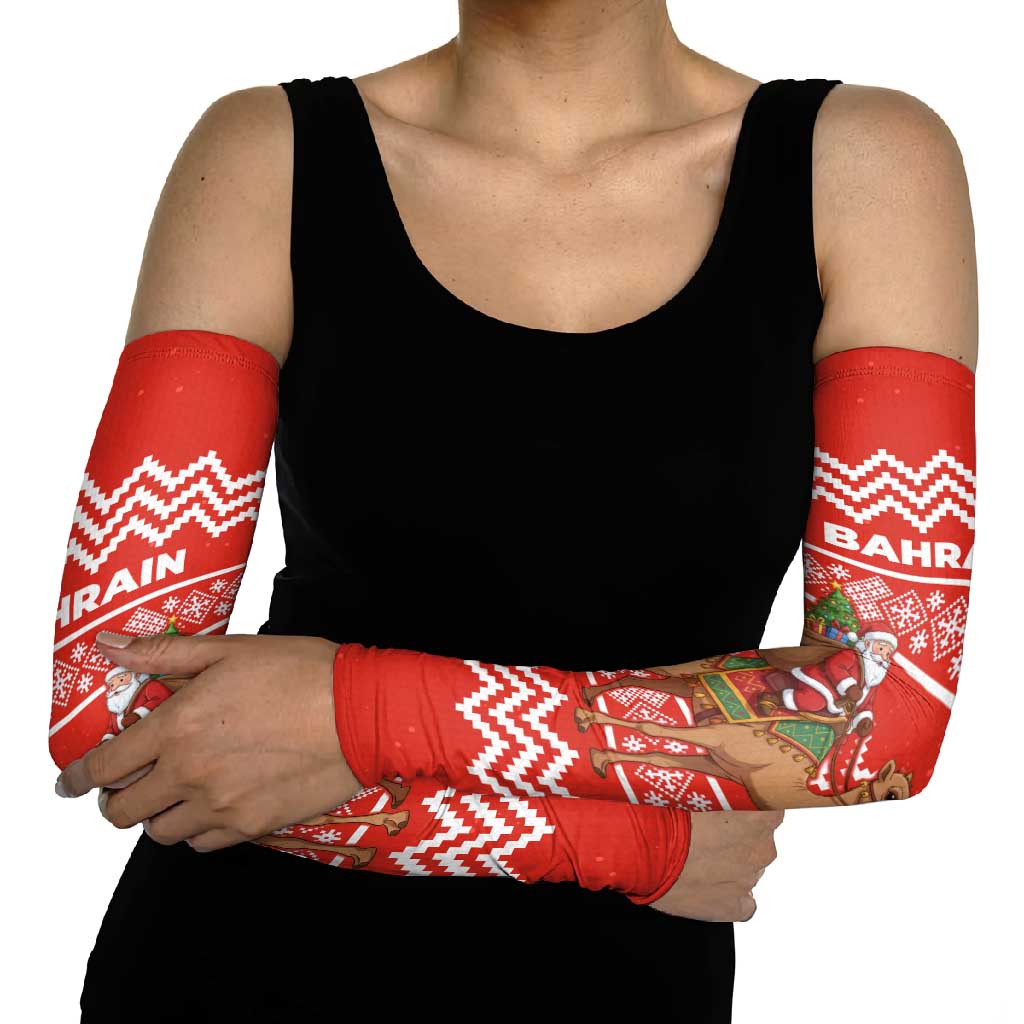 Bahrain Christmas Arm Sleeves with Santa Riding Camel Red Geometric Pattern and Festive Design - Wonder Print Shop