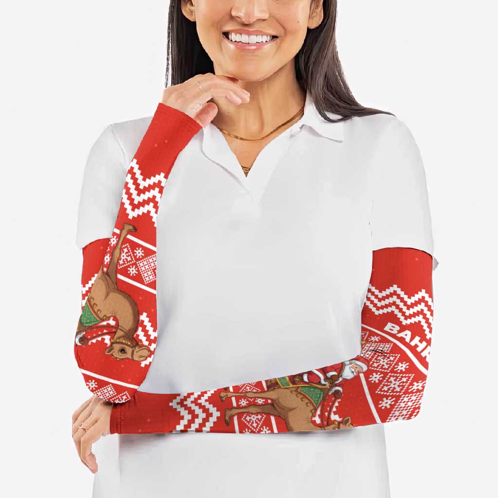 Bahrain Christmas Arm Sleeves with Santa Riding Camel Red Geometric Pattern and Festive Design - Wonder Print Shop