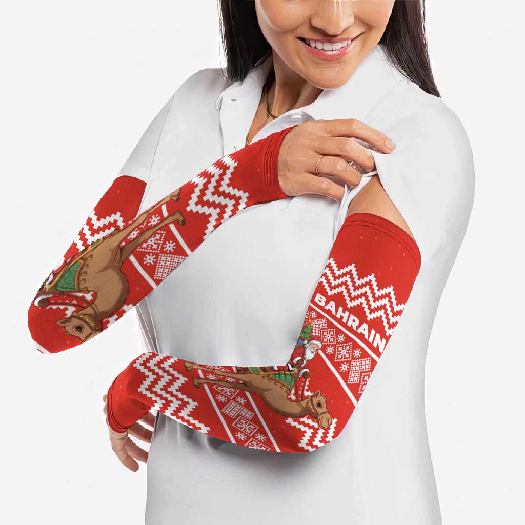 Bahrain Christmas Arm Sleeves with Santa Riding Camel Red Geometric Pattern and Festive Design - Wonder Print Shop