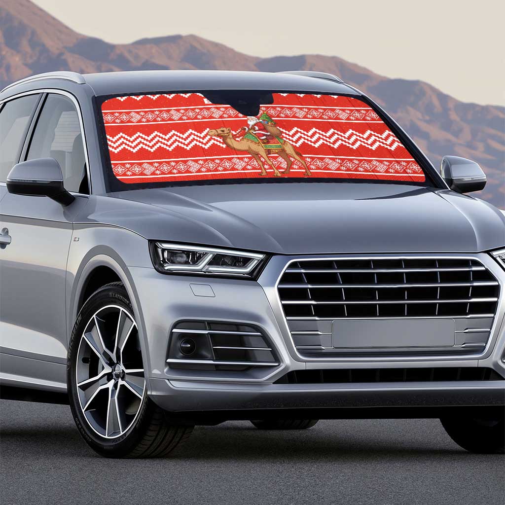 Bahrain Christmas Auto Sun Shade with Santa Riding Camel Red Geometric Pattern and Festive Design - Wonder Print Shop