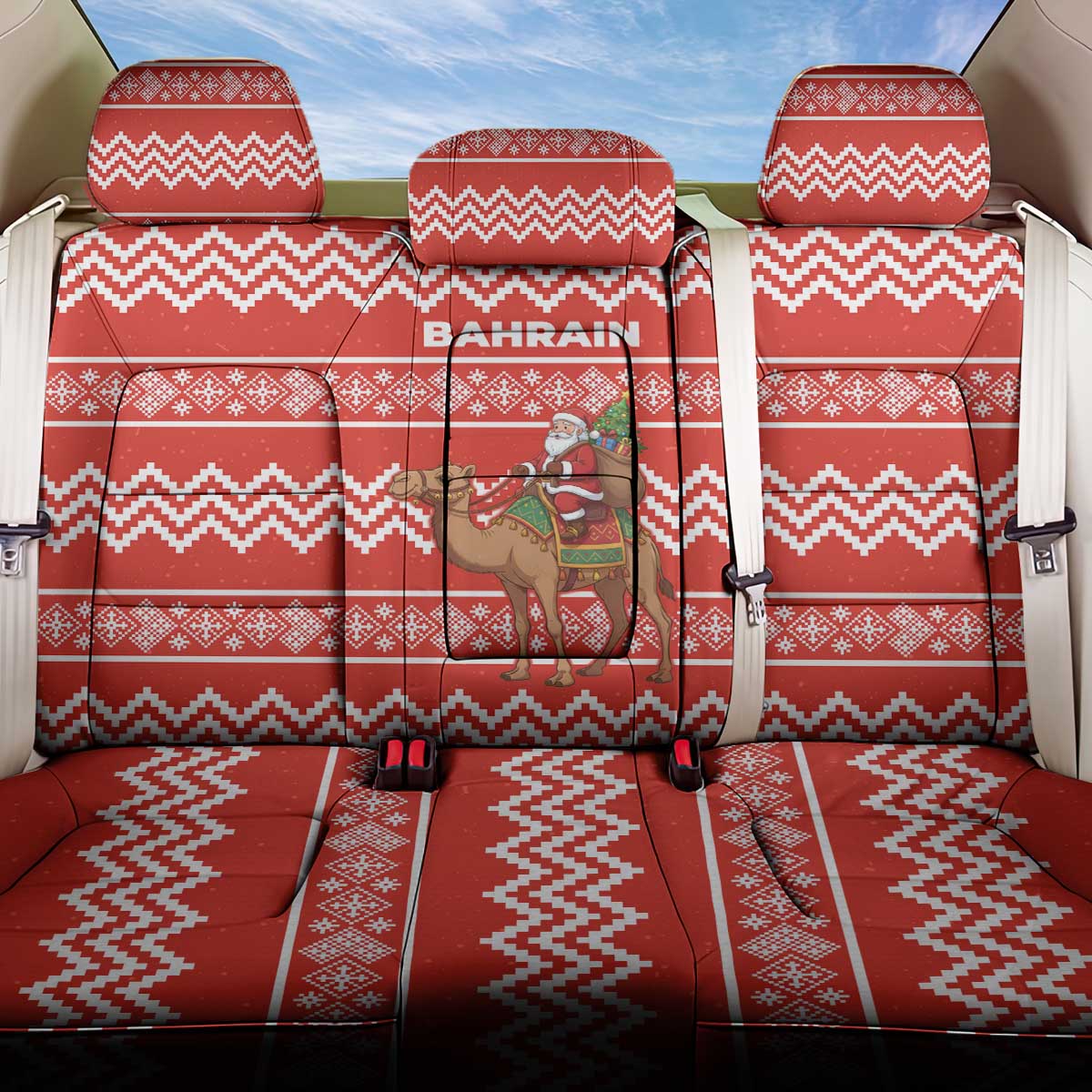 Bahrain Christmas Back Car Seat Cover with Santa Riding Camel Red Geometric Pattern and Festive Design - Wonder Print Shop