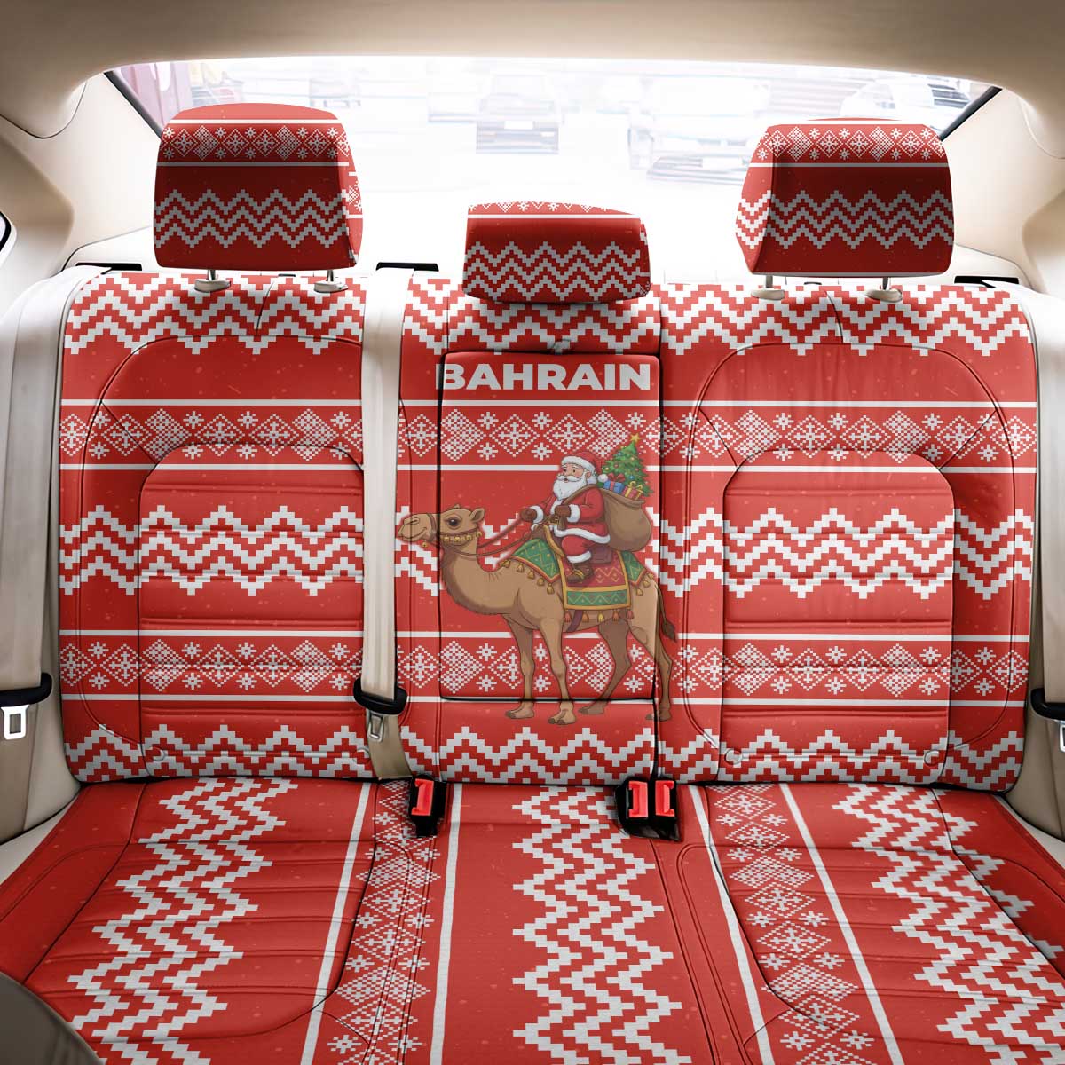 Bahrain Christmas Back Car Seat Cover with Santa Riding Camel Red Geometric Pattern and Festive Design - Wonder Print Shop