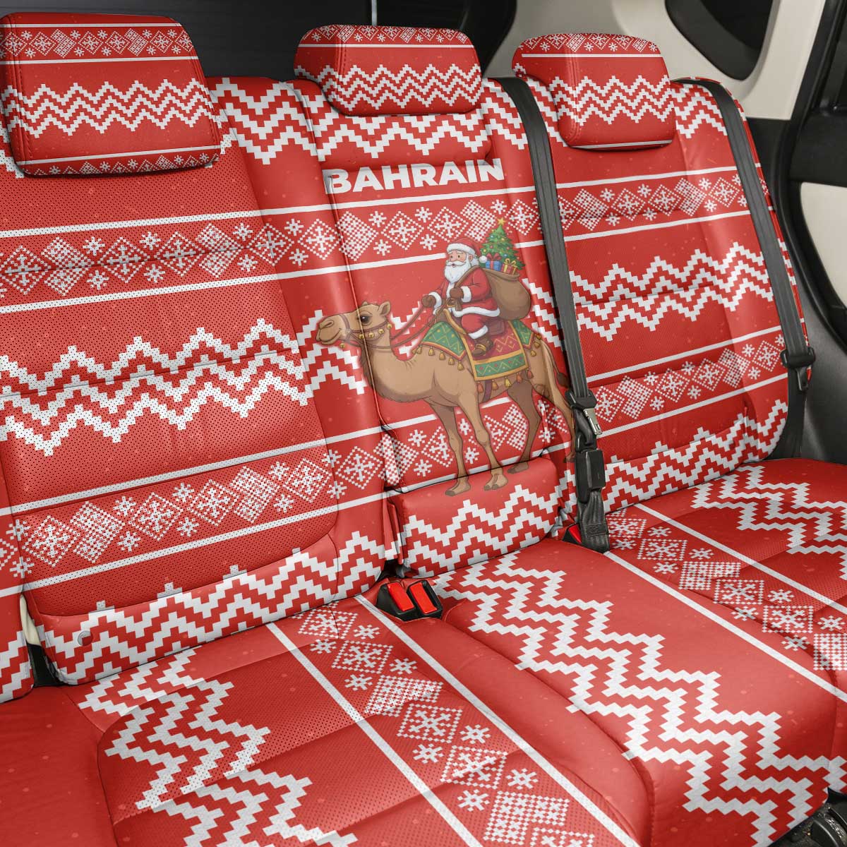 Bahrain Christmas Back Car Seat Cover with Santa Riding Camel Red Geometric Pattern and Festive Design - Wonder Print Shop