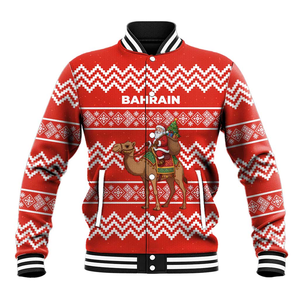 Bahrain Christmas Baseball Jacket with Santa Riding Camel Red Geometric Pattern and Festive Design - Wonder Print Shop