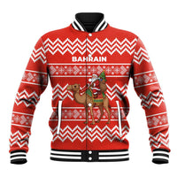 Bahrain Christmas Baseball Jacket with Santa Riding Camel Red Geometric Pattern and Festive Design - Wonder Print Shop