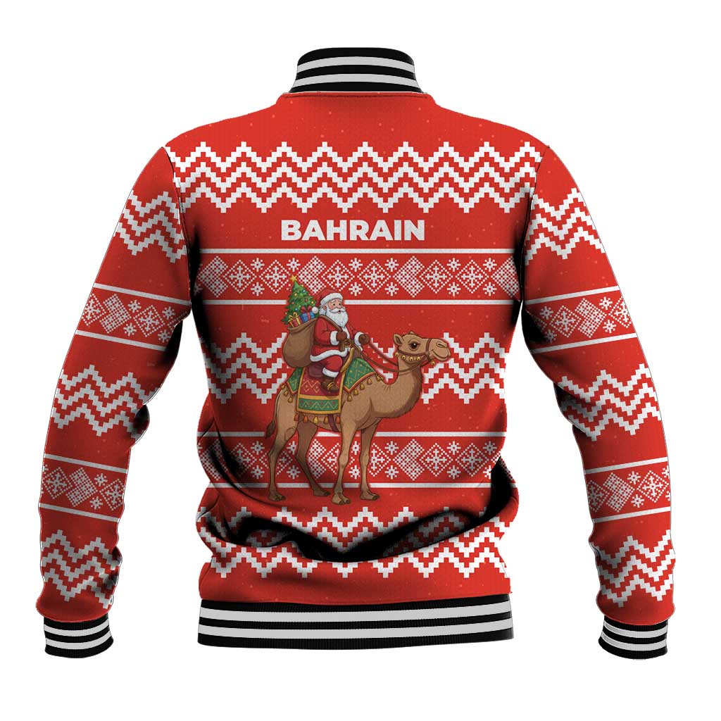 Bahrain Christmas Baseball Jacket with Santa Riding Camel Red Geometric Pattern and Festive Design - Wonder Print Shop