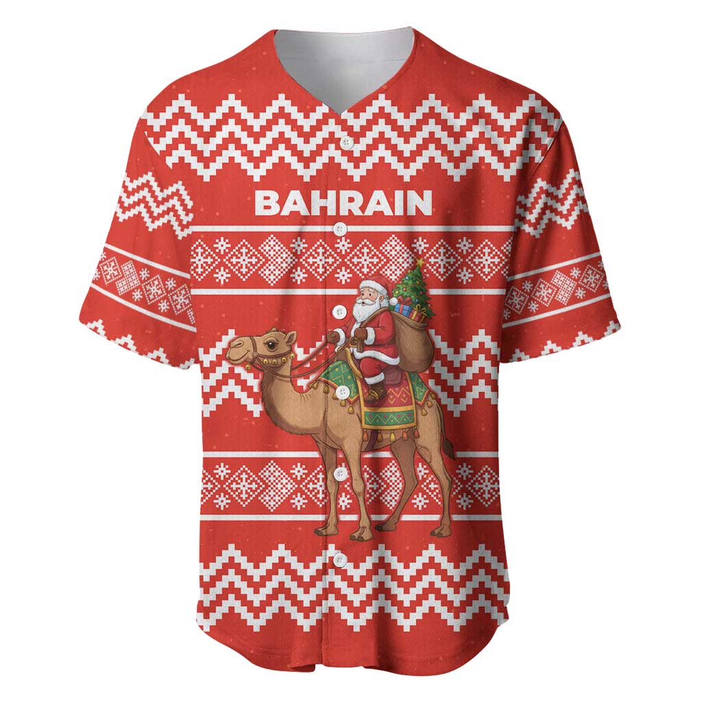 Bahrain Christmas Baseball Jersey with Santa Riding Camel Red Geometric Pattern and Festive Design - Wonder Print Shop