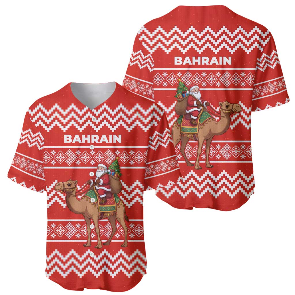 Bahrain Christmas Baseball Jersey with Santa Riding Camel Red Geometric Pattern and Festive Design - Wonder Print Shop