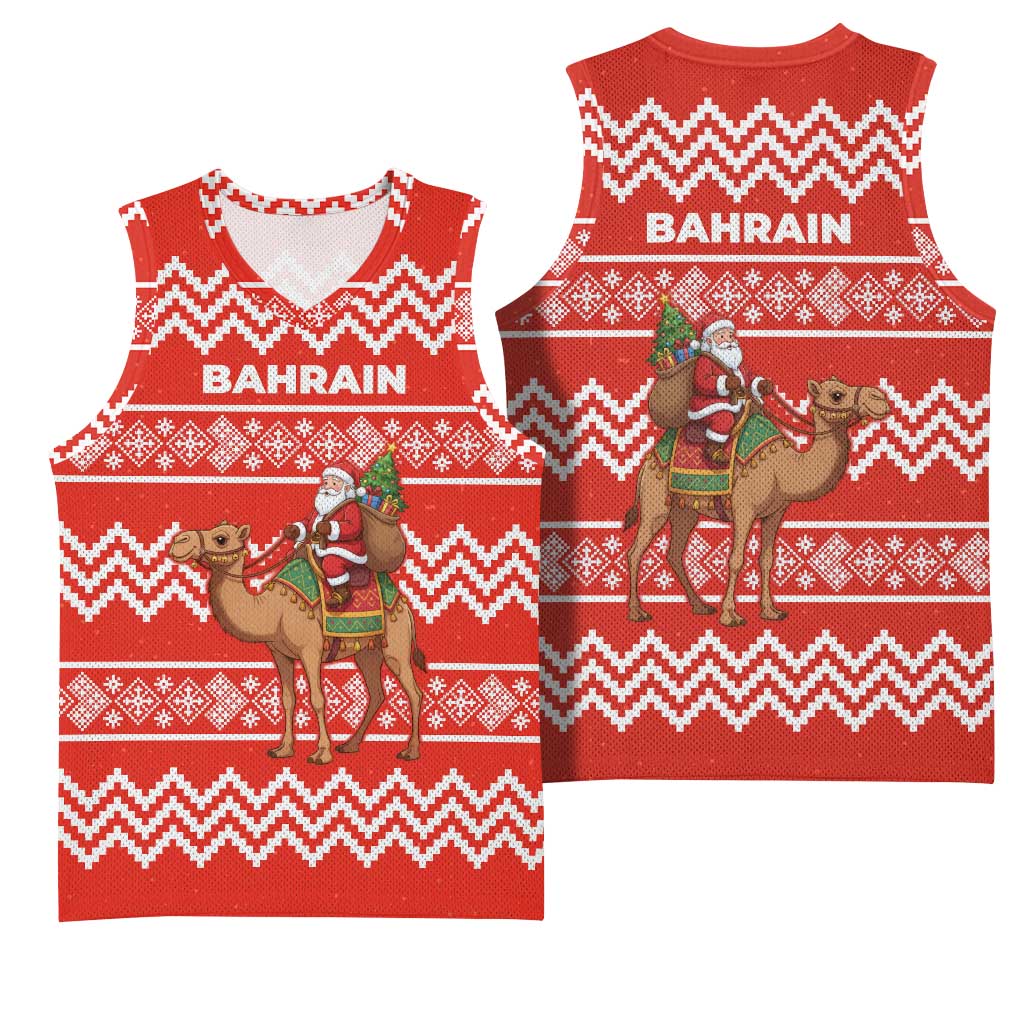 Bahrain Christmas Basketball Jersey with Santa Riding Camel Red Geometric Pattern and Festive Design - Wonder Print Shop