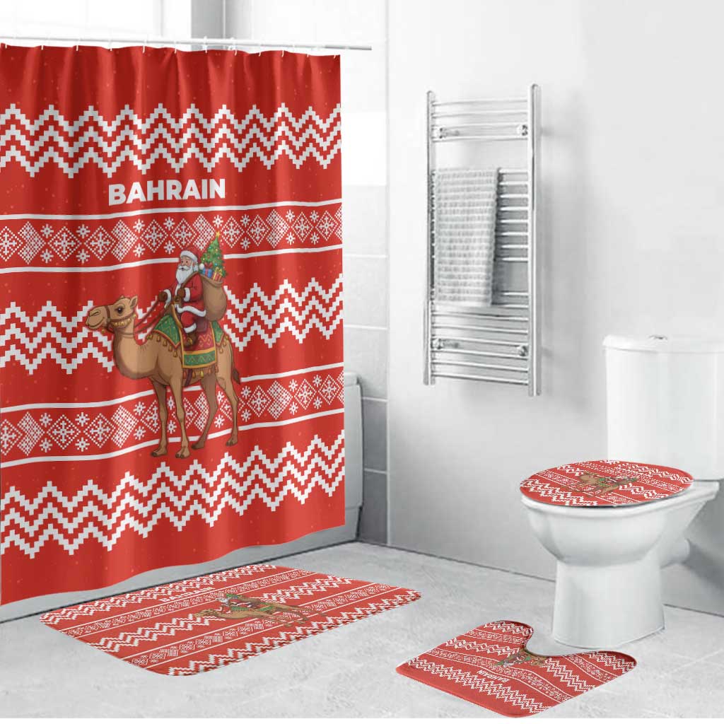 Bahrain Christmas Bathroom Set with Santa Riding Camel Red Geometric Pattern and Festive Design - Wonder Print Shop