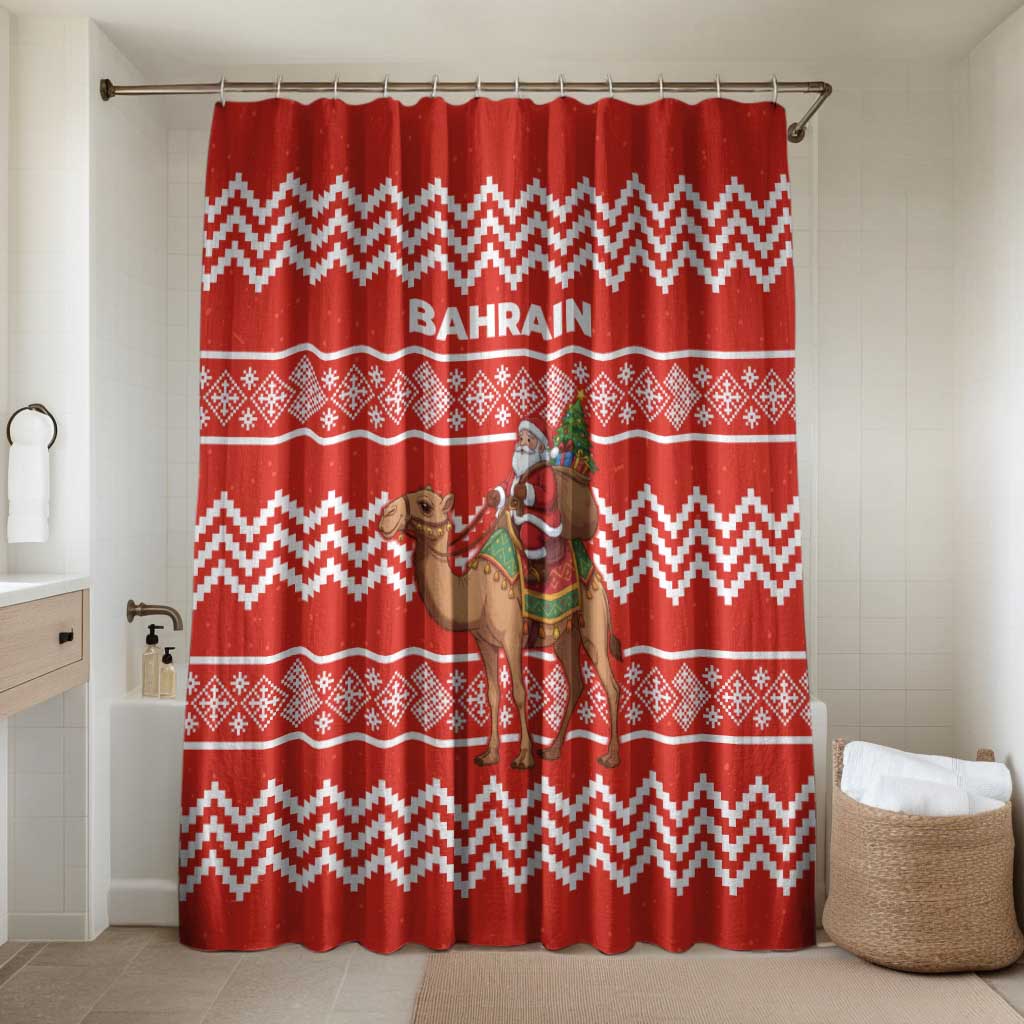 Bahrain Christmas Bathroom Set with Santa Riding Camel Red Geometric Pattern and Festive Design - Wonder Print Shop
