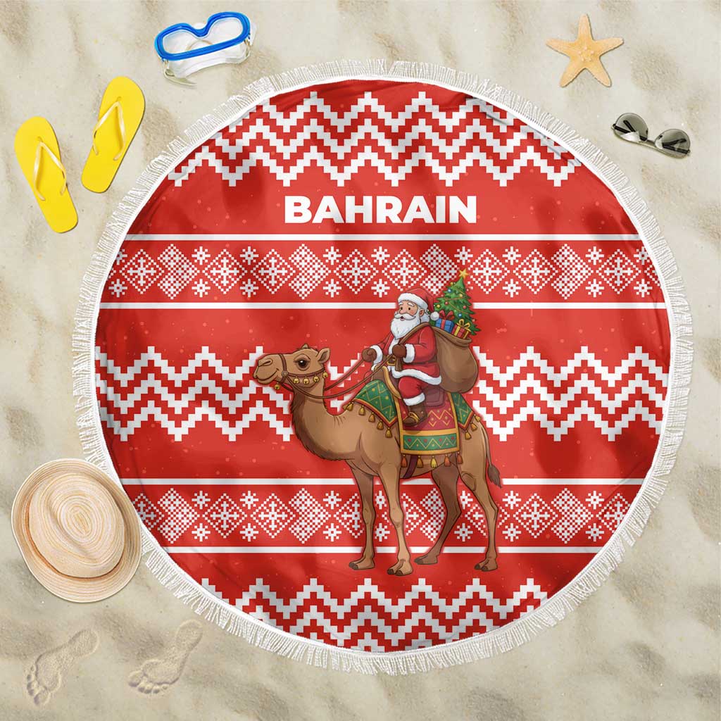 Bahrain Christmas Beach Blanket with Santa Riding Camel Red Geometric Pattern and Festive Design - Wonder Print Shop