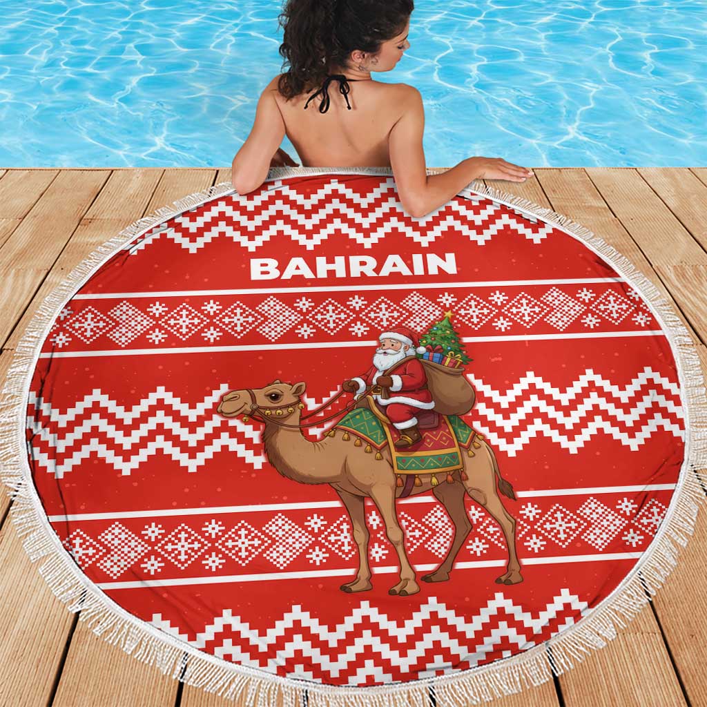Bahrain Christmas Beach Blanket with Santa Riding Camel Red Geometric Pattern and Festive Design - Wonder Print Shop