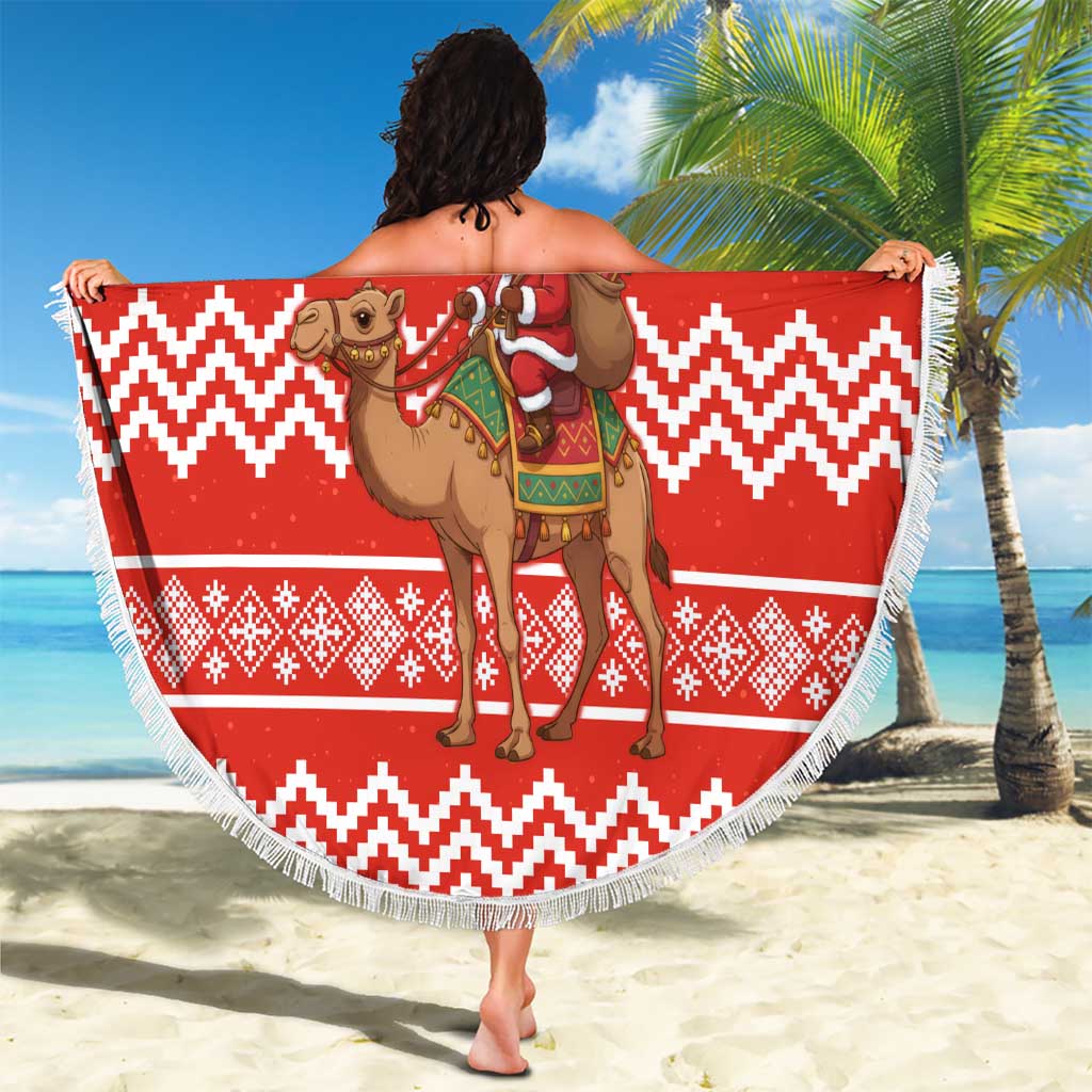 Bahrain Christmas Beach Blanket with Santa Riding Camel Red Geometric Pattern and Festive Design - Wonder Print Shop