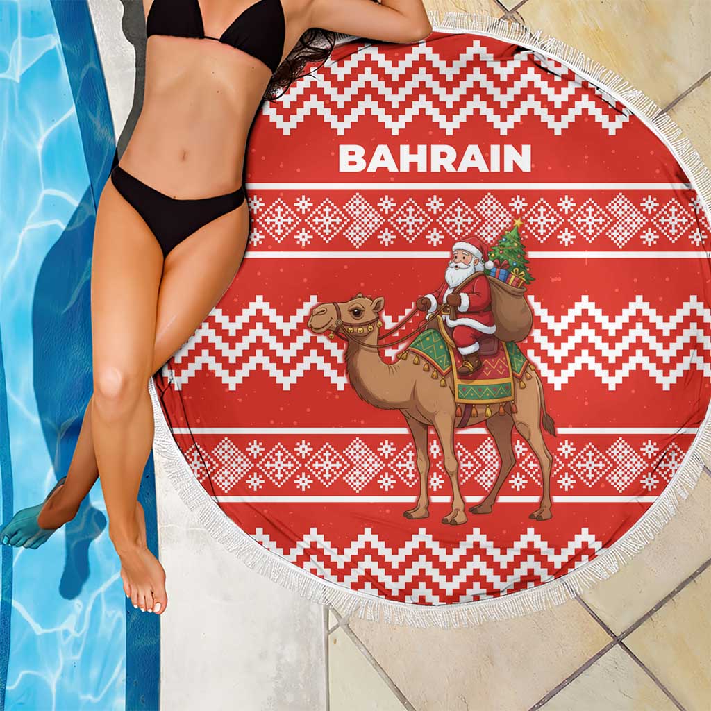 Bahrain Christmas Beach Blanket with Santa Riding Camel Red Geometric Pattern and Festive Design - Wonder Print Shop