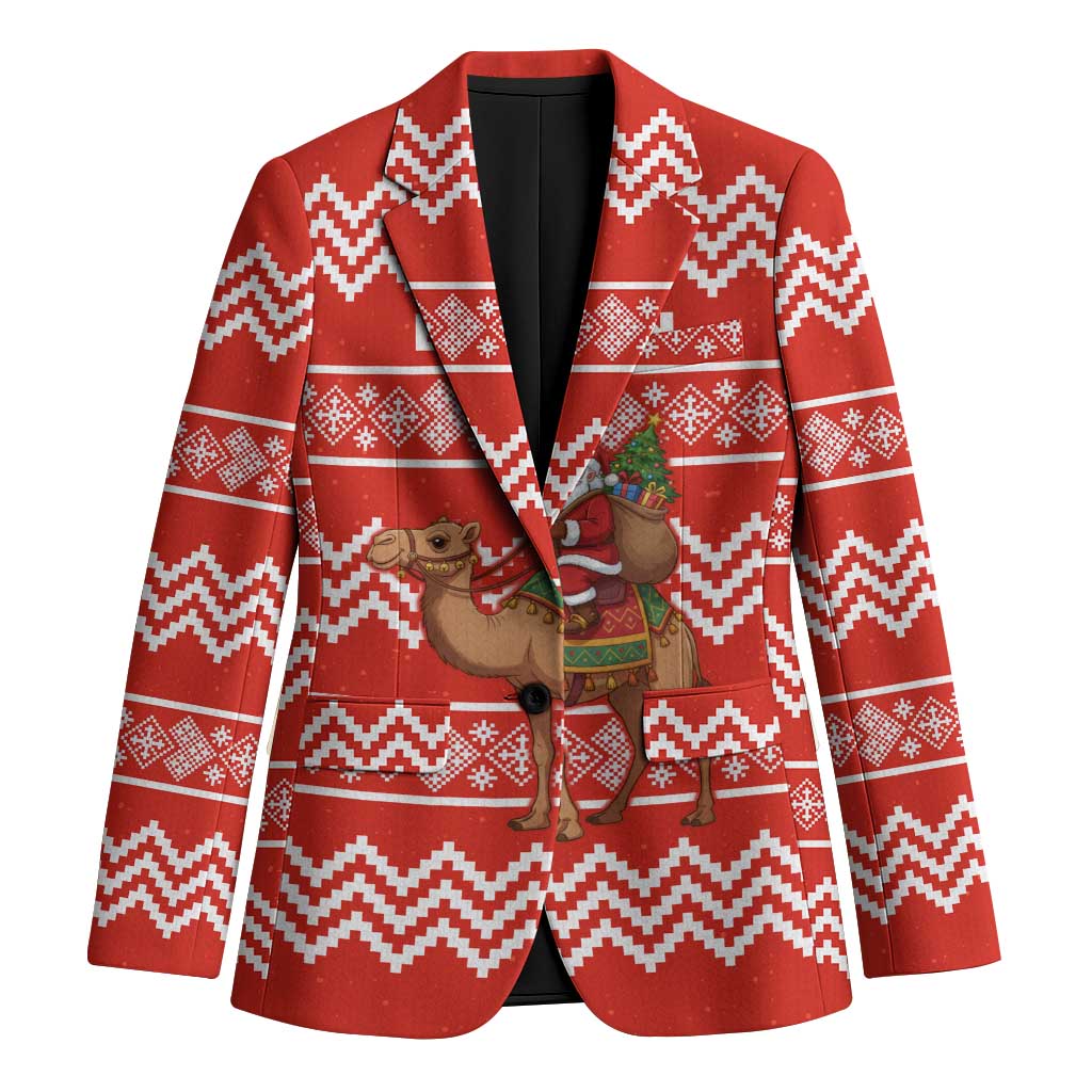 Bahrain Christmas Blazer with Santa Riding Camel Red Geometric Pattern and Festive Design - Wonder Print Shop