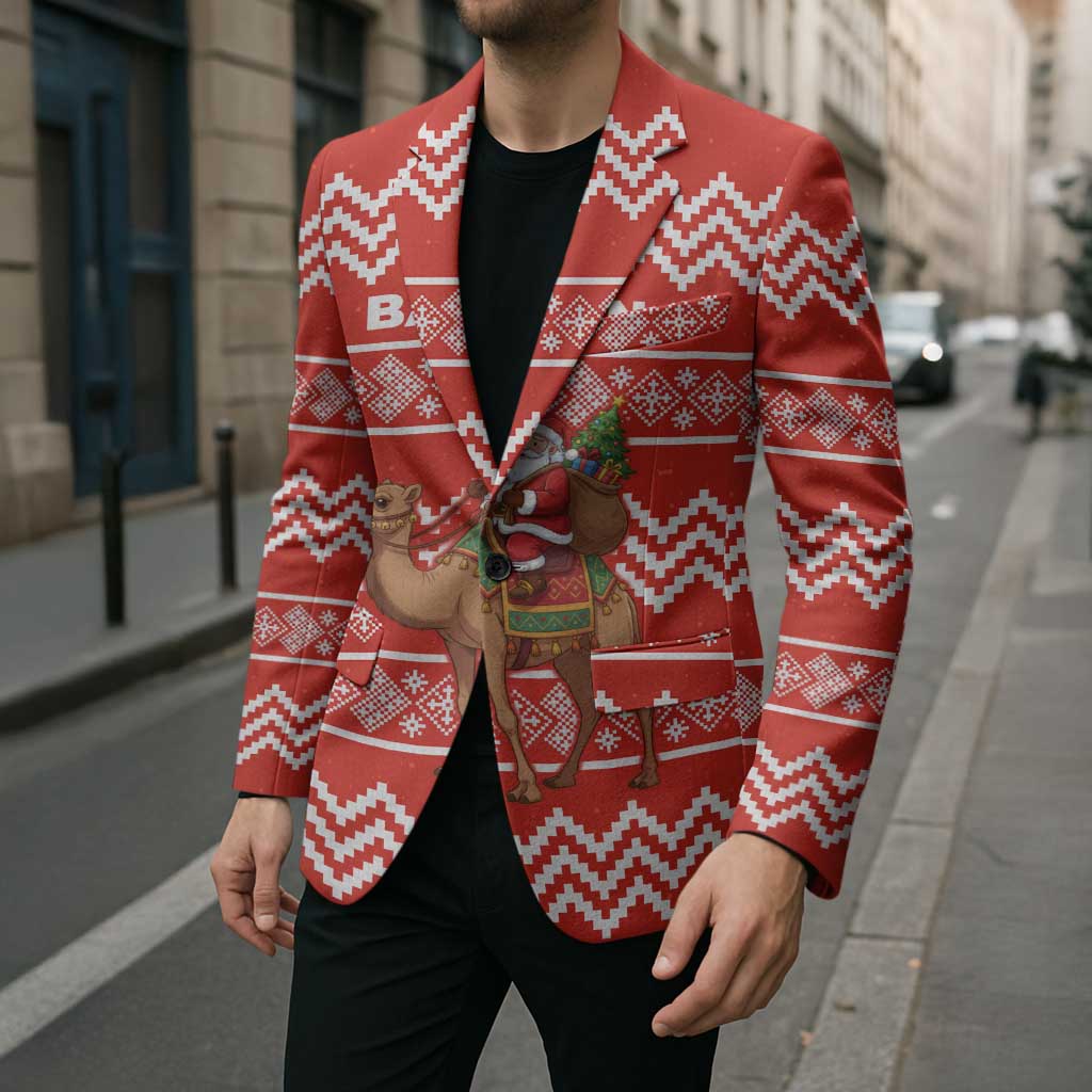 Bahrain Christmas Blazer with Santa Riding Camel Red Geometric Pattern and Festive Design - Wonder Print Shop